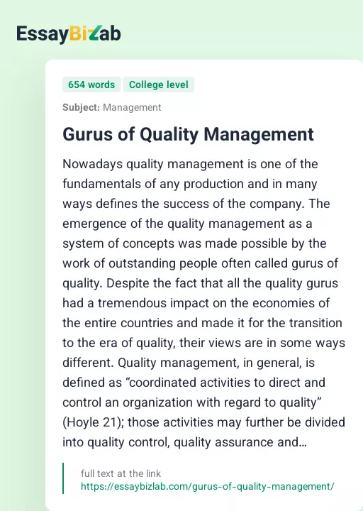 Gurus of Quality Management - Essay Preview