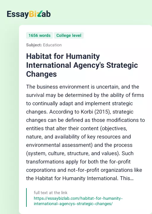 Habitat for Humanity International Agency's Strategic Changes - Essay Preview