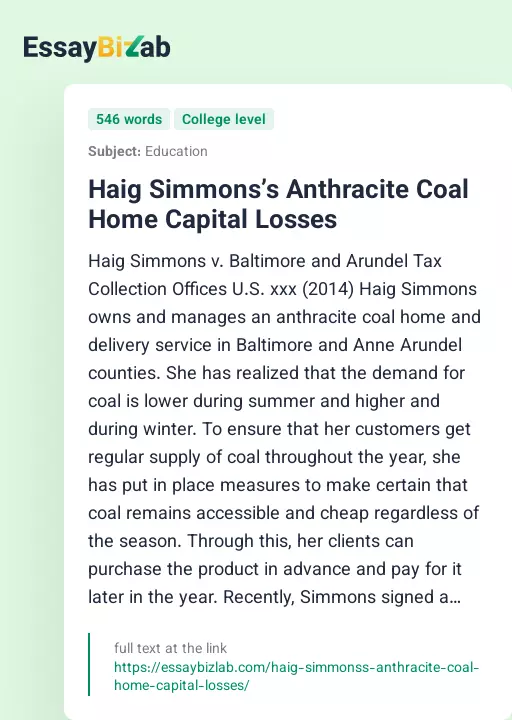 Haig Simmons’s Anthracite Coal Home Capital Losses - Essay Preview