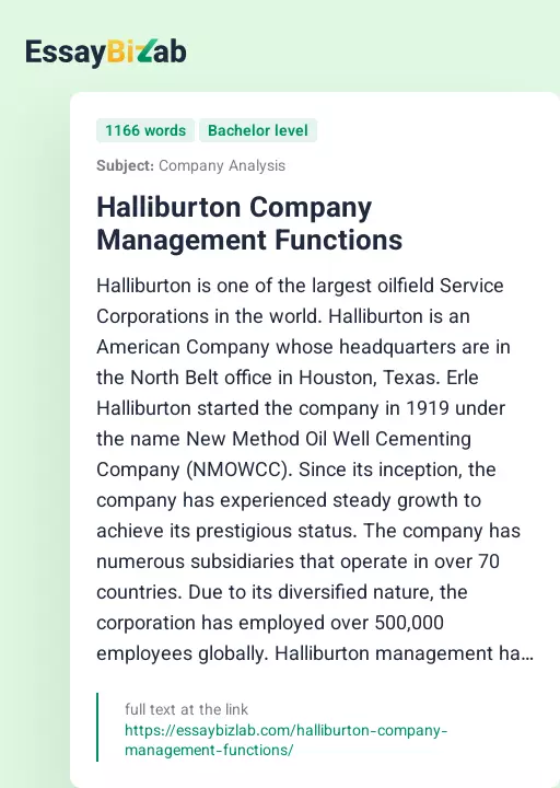 Halliburton Company Management Functions - Essay Preview