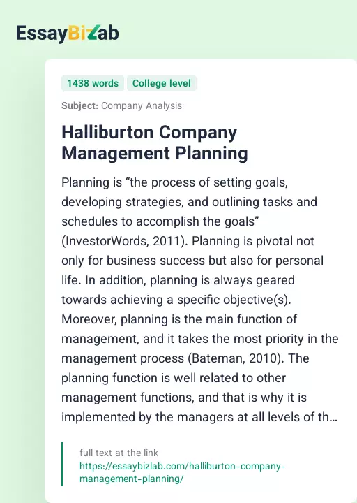 Halliburton Company Management Planning - Essay Preview
