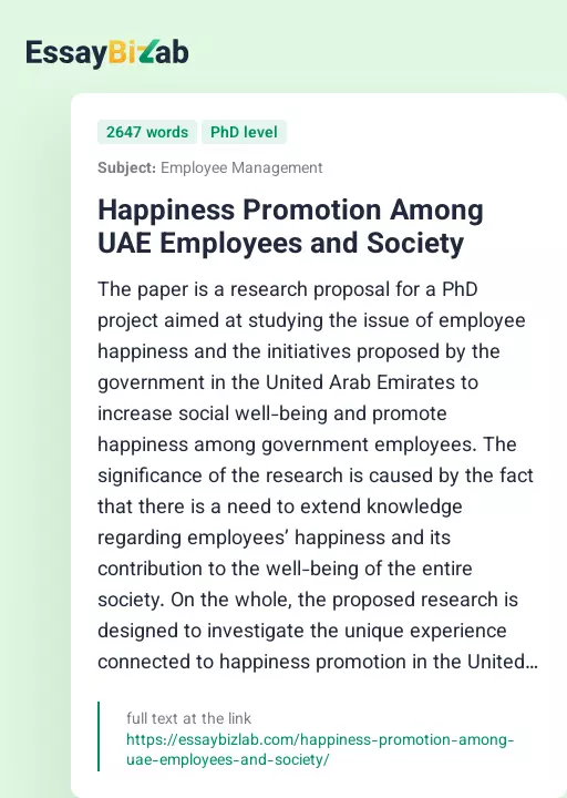 Happiness Promotion Among UAE Employees and Society - Essay Preview