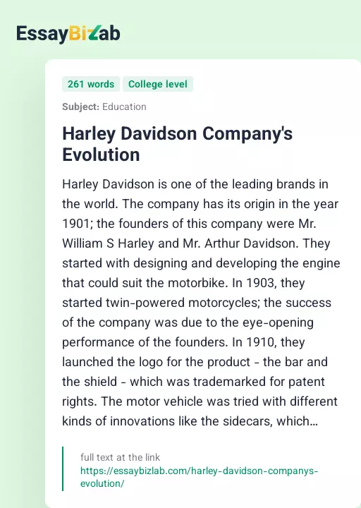Harley Davidson Company's Evolution - Essay Preview