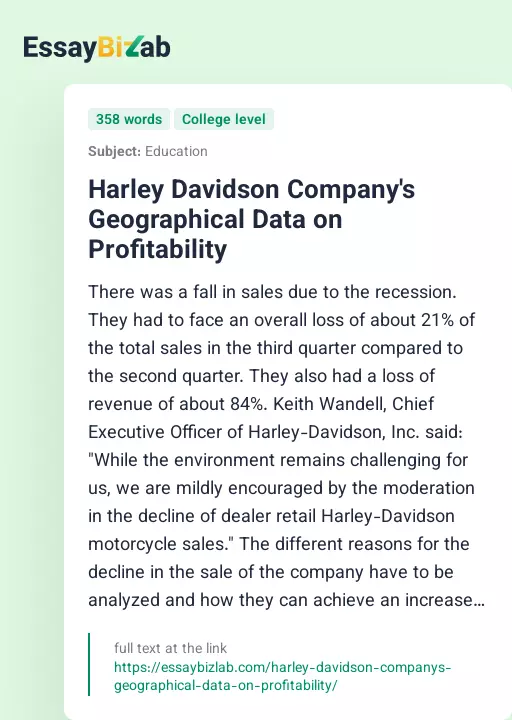 Harley Davidson Company's Geographical Data on Profitability - Essay Preview