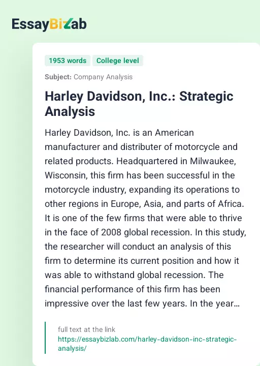Harley Davidson, Inc.: Strategic Analysis - Essay Preview
