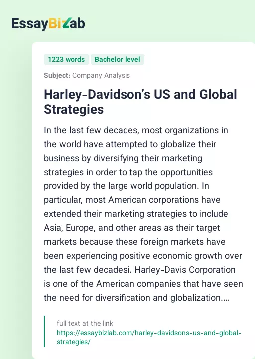 Harley-Davidson’s US and Global Strategies - Essay Preview