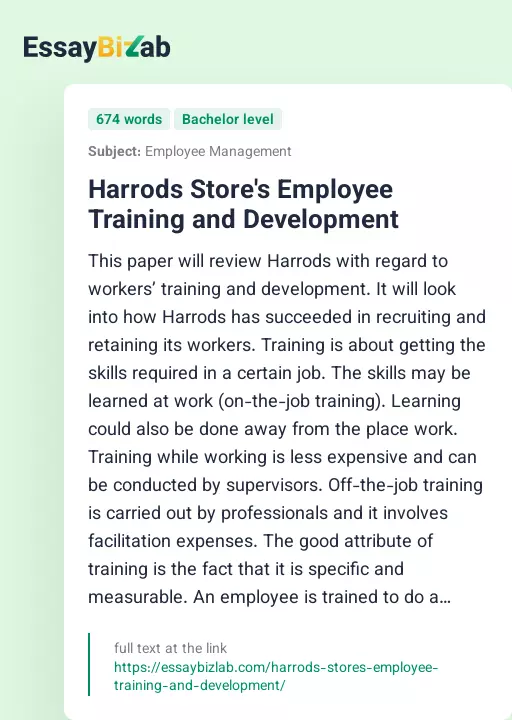 Harrods Store's Employee Training and Development - Essay Preview