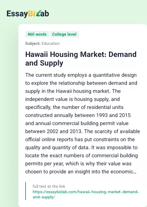 Hawaii Housing Market: Demand and Supply - Essay Preview