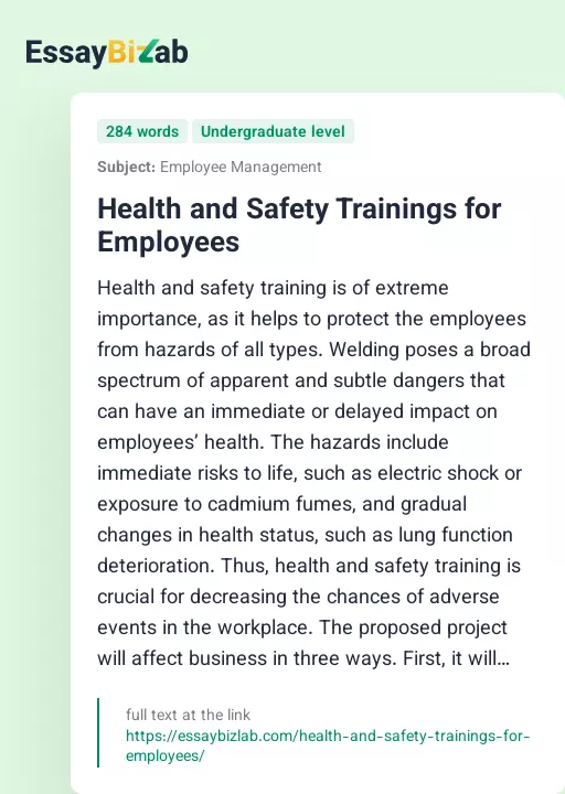 Health and Safety Trainings for Employees - Essay Preview