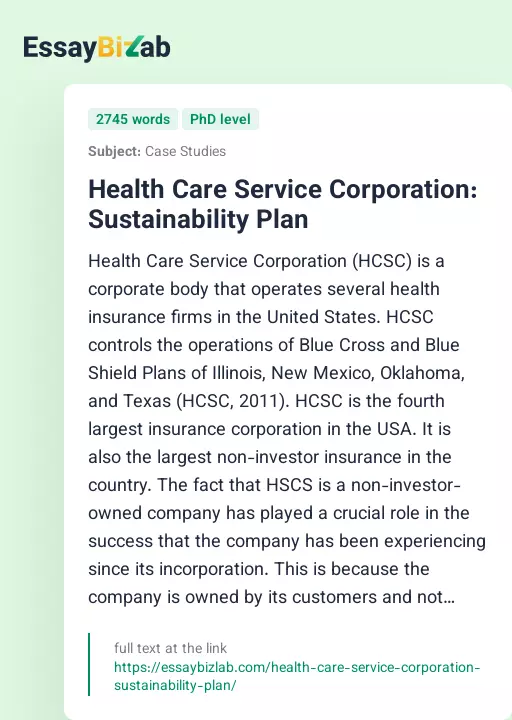 Health Care Service Corporation: Sustainability Plan - Essay Preview