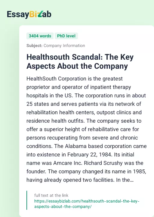 Healthsouth Scandal: The Key Aspects About the Company - Essay Preview