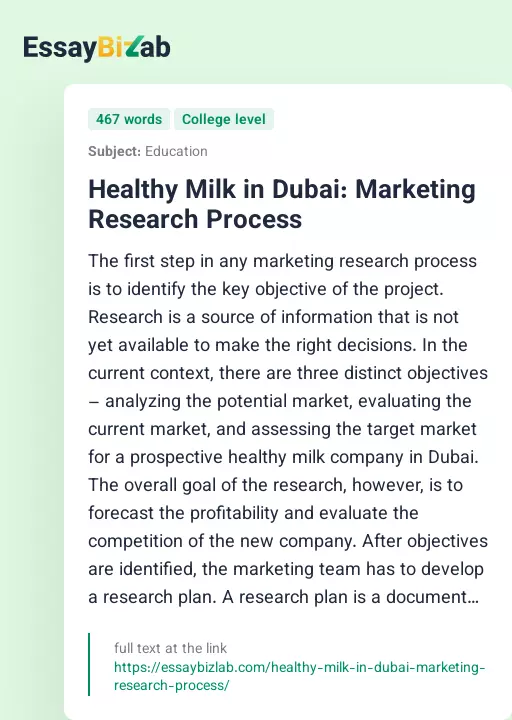 Healthy Milk in Dubai: Marketing Research Process - Essay Preview