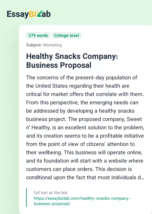 Healthy Snacks Company: Business Proposal - Essay Preview