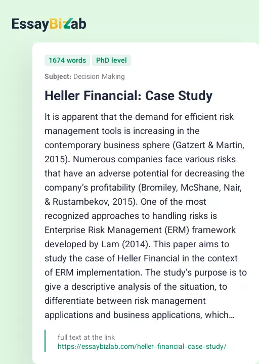 Heller Financial: Case Study - Essay Preview