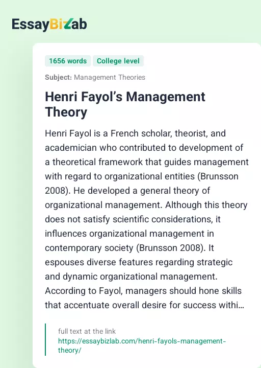 Henri Fayol’s Management Theory - Essay Preview