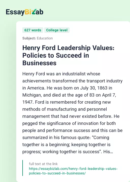 Henry Ford Leadership Values: Policies to Succeed in Businesses - Essay Preview