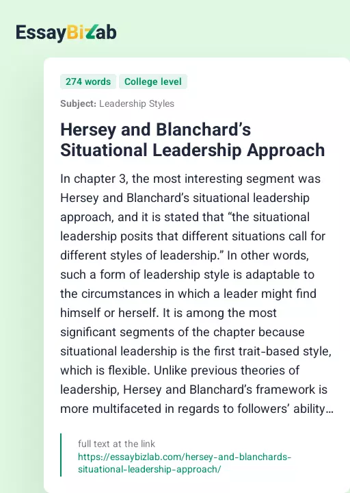 Hersey and Blanchard’s Situational Leadership Approach - Essay Preview