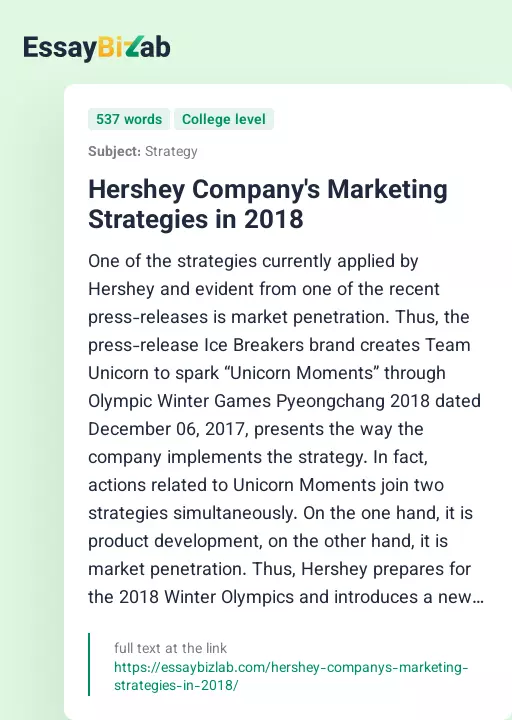 Hershey Company's Marketing Strategies in 2018 - Essay Preview