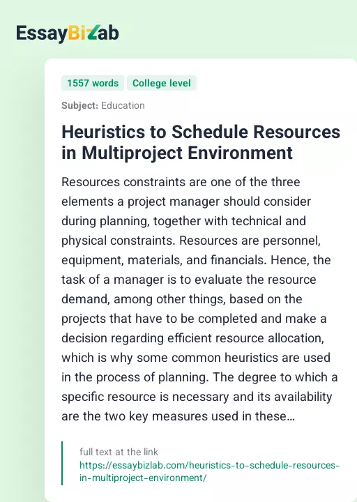 Heuristics to Schedule Resources in Multiproject Environment - Essay Preview