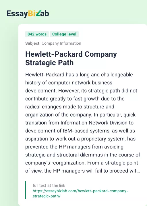 Hewlett-Packard Company Strategic Path - Essay Preview