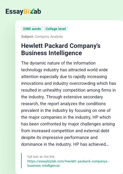 Hewlett Packard Company's Business Intelligence - Essay Preview