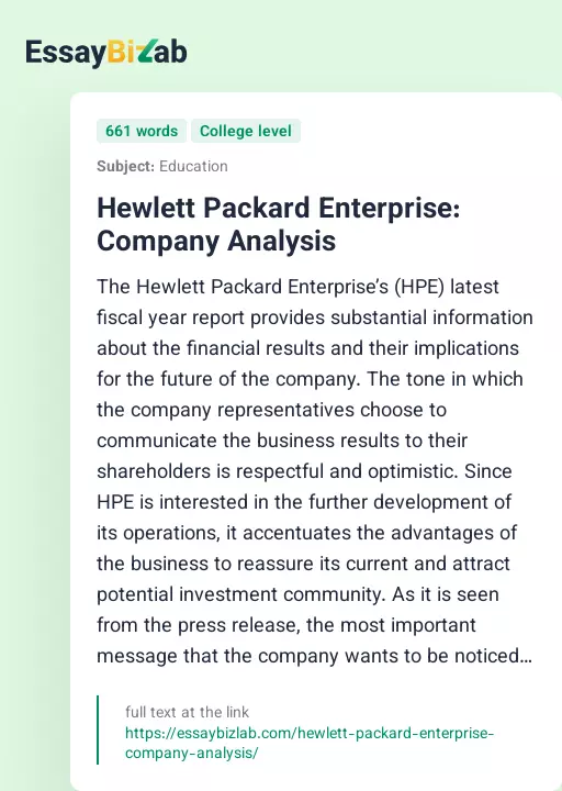 Hewlett Packard Enterprise: Company Analysis - Essay Preview