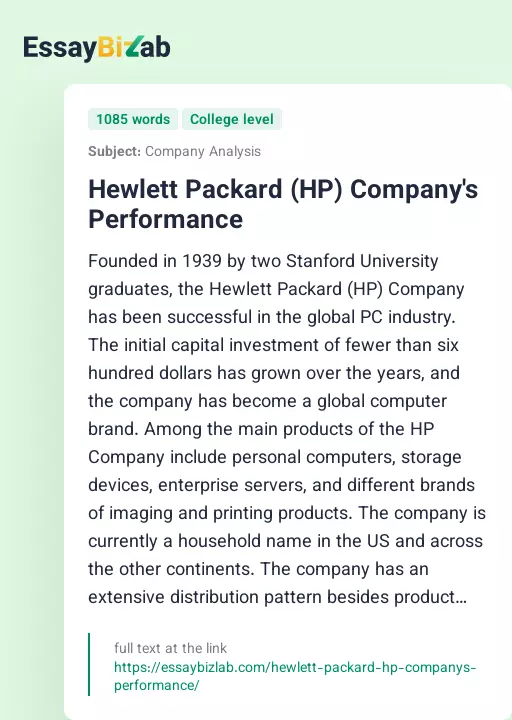 Hewlett Packard (HP) Company's Performance - Essay Preview