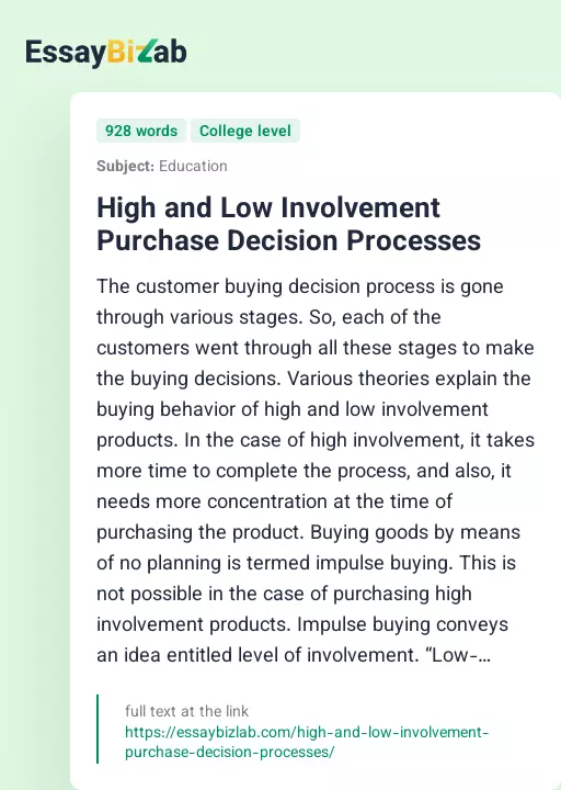 High and Low Involvement Purchase Decision Processes - Essay Preview