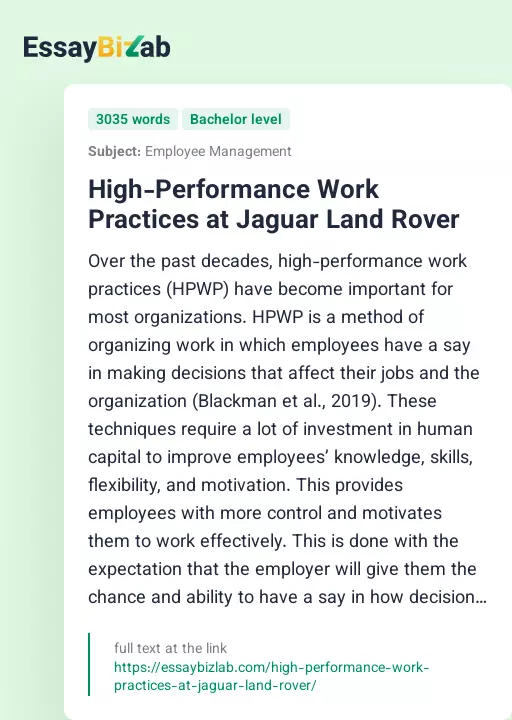 High-Performance Work Practices at Jaguar Land Rover - Essay Preview