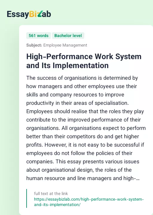 High-Performance Work System and Its Implementation - Essay Preview