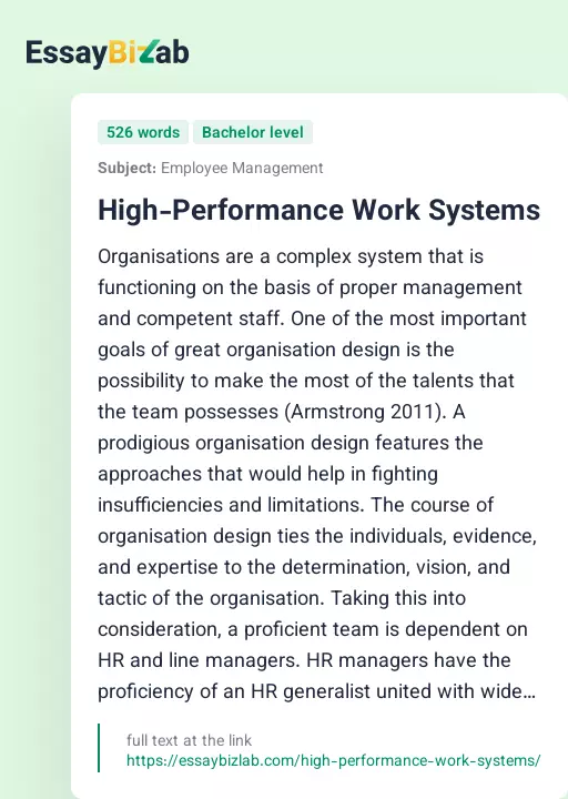 High-Performance Work Systems - Essay Preview