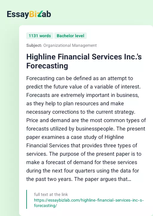 Highline Financial Services Inc.'s Forecasting - Essay Preview