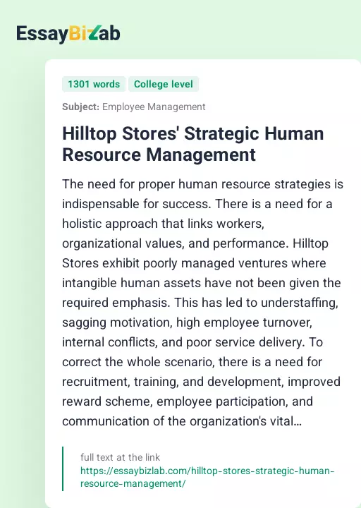 Hilltop Stores' Strategic Human Resource Management - Essay Preview