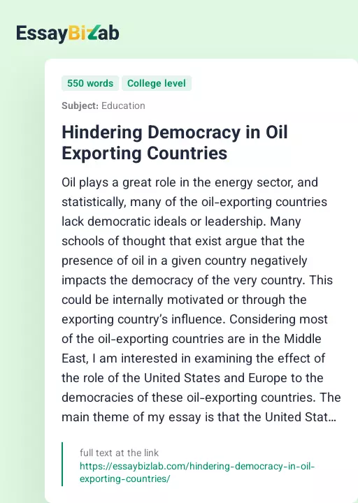 Hindering Democracy in Oil Exporting Countries - Essay Preview