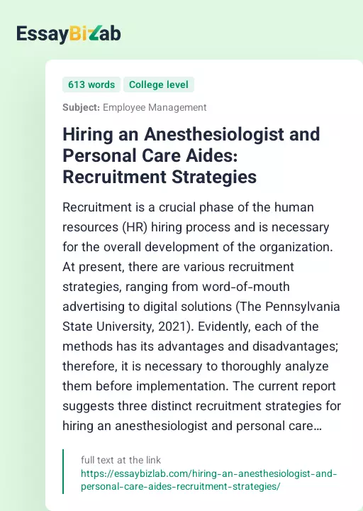 Hiring an Anesthesiologist and Personal Care Aides: Recruitment Strategies - Essay Preview