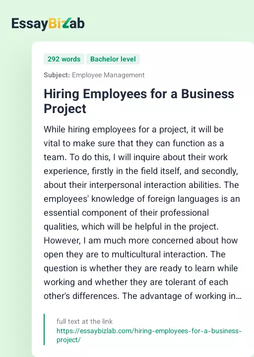 Hiring Employees for a Business Project - Essay Preview