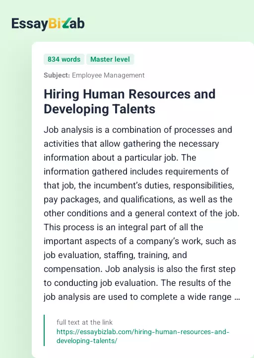Hiring Human Resources and Developing Talents - Essay Preview