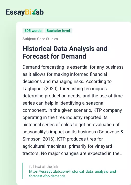 Historical Data Analysis and Forecast for Demand - Essay Preview