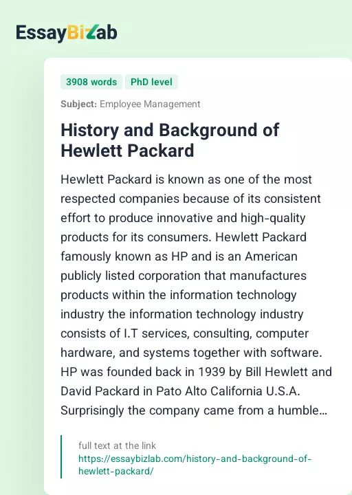 History and Background of Hewlett Packard - Essay Preview