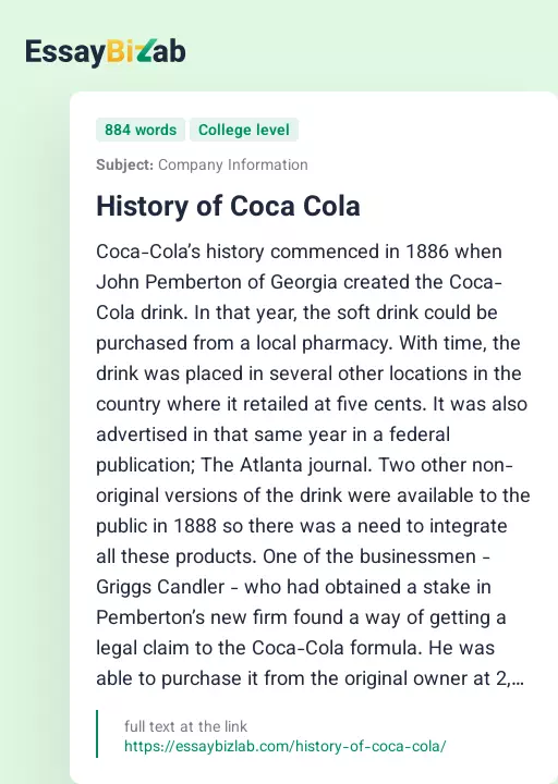 History of Coca Cola - Essay Preview