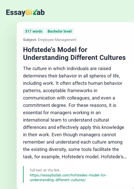 Hofstede’s Model for Understanding Different Cultures - Essay Preview