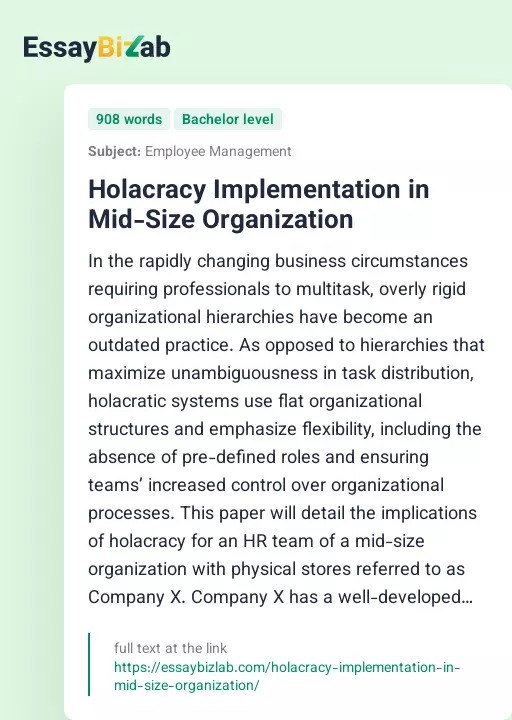 Holacracy Implementation in Mid-Size Organization - Essay Preview