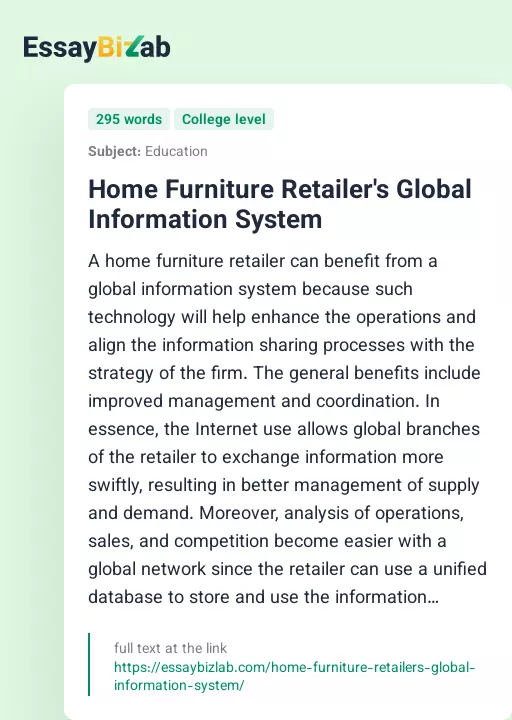 Home Furniture Retailer's Global Information System - Essay Preview