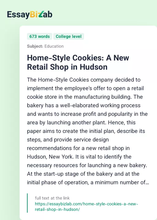 Home-Style Cookies: A New Retail Shop in Hudson - Essay Preview