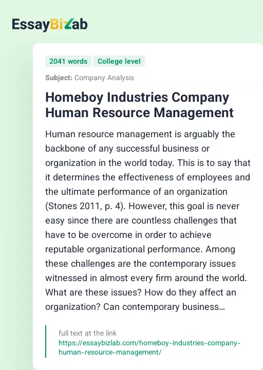 Homeboy Industries Company Human Resource Management - Essay Preview