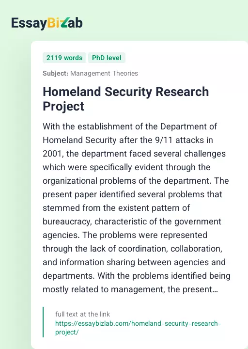 Homeland Security Research Project - Essay Preview