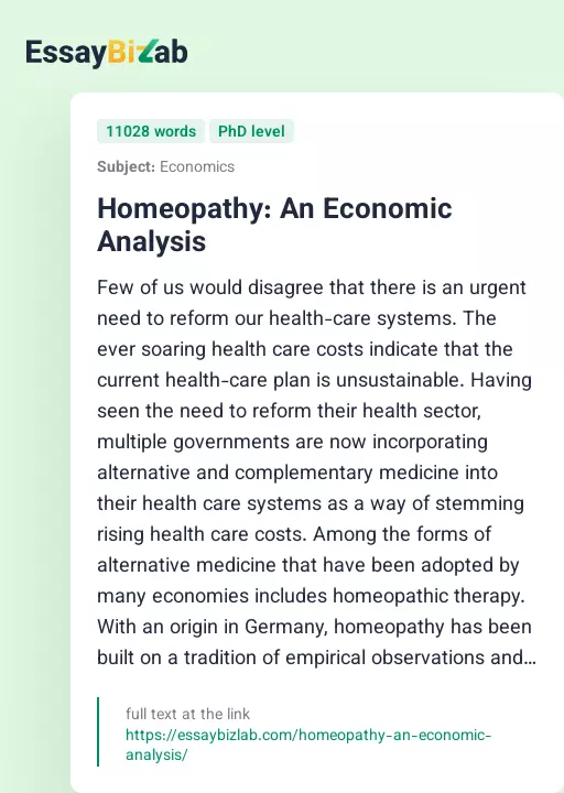Homeopathy: An Economic Analysis - Essay Preview