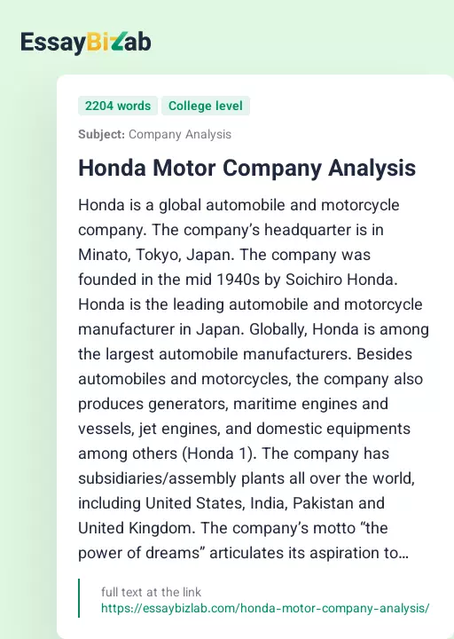 Honda Motor Company Analysis - Essay Preview