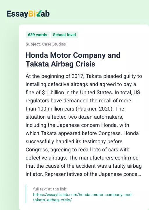 Honda Motor Company and Takata Airbag Crisis - Essay Preview