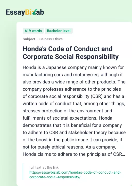 Honda's Code of Conduct and Corporate Social Responsibility - Essay Preview